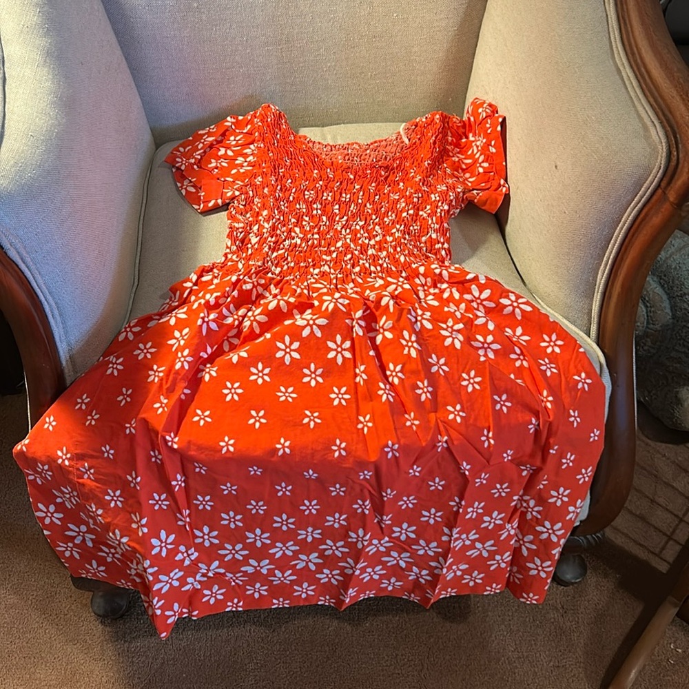 Girls Orange Floral Smocked Dress